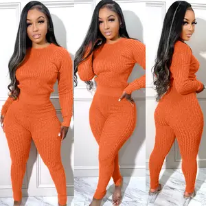 custom logo Thick 2 Piece Women knitted sweater two piece pants set 2024 fall winter fashion trending 2 piece sweater set