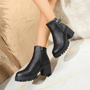 Bottes à talon carré en similicuir noir pour <span class=keywords><strong>femme</strong></span>, vente en gros d'usine - Semelle plateforme avec fermeture éclair latérale en métal - Product Image 4