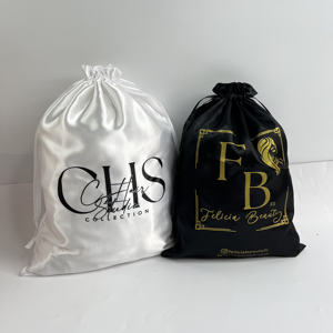 Sacs à cordon en satin blanc personnalisés avec impression noire - Emballage de luxe pour extensions de cheveux et vêtements - Product Image 3