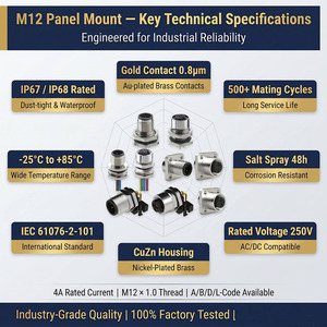 Connecteur M12 à montage sur panneau, <span class=keywords><strong>code</strong></span> A B D L, 3/4/5/6/8/12/17 pôles, mâle/femelle, IP67, montage avant/arrière, contact en or, IEC 61076-2-101 - Product Image 4