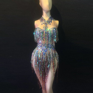 Novance Y1049 Body con Frange Colorate e Strass, Costume da Palcoscenico, Outfit per Feste di Compleanno, Abbigliamento da Club, Abito da Cantante, Vestito da Spettacolo per Donne - Product Image 4