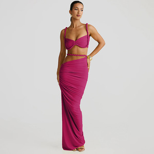 Nouvel ensemble tissé assorti pour femme, 2 pièces, tenue de vacances sexy, comprenant un débardeur court plissé <span class=keywords><strong>et</strong></span> une <span class=keywords><strong>jupe</strong></span> <span class=keywords><strong>longue</strong></span> taille haute froncée, couleur unie - Product Image 4