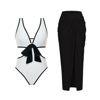 JSN Vintage Bow Decor Noir et Blanc Maillot de bain une pièce et jupe Maillot de bain Ensemble femmes Vacances Beachwear Maillot de bain de luxe