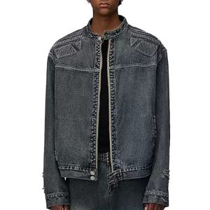 เสื้อโค้ทเดนิมสีเทาแบบสั่งทำพิเศษสำหรับผู้ชาย ลุควินเทจแบบฟอกสี คุณภาพสูง ผ้าฝ้าย 100% คอกลม เสื้อแจ็คเก็ตเดนิมผู้ชาย - Product Image 1