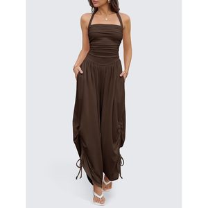Mono casual personalizado para mujer, de verano, sin mangas, con cuello halter, fruncido, de pierna ancha, largo, elegante, de color liso. - Product Image 2