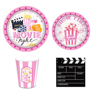 Huancai film soirée fête fournitures rose assiettes en papier tasses serviettes vaisselle jetable ensemble pour <span class=keywords><strong>anniversaire</strong></span> cinéma fête décorations - Product Image 2