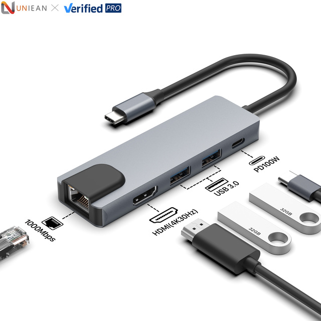 UNIEAN 5 Port 5-in-1 Usb 3.0 Type C Hub 4K Docking Station PD100W Type C Usb Fast Charging 5 Ports 1000Mbbps Hub for Laptop