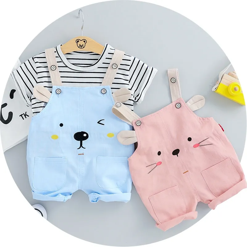 2020 Summer Baby Girls Clothing Sets Infant Clothes Suits Stripe T Shirt Strap Shorts Kids Children Vacation Costume
