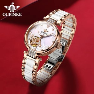 นาฬิกาข้อมือจักรกล OUPINKE 3211 สำหรับผู้หญิง สายสแตนเลสเซรามิกหรูหรา สีโรสโกลด์ ประดับเพชร นาฬิกาผู้หญิง reloj mujer - Product Image 1