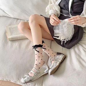 KTA-127 Nouveauté été Chaussettes <span class=keywords><strong>mi</strong></span>-mollet pour femme, style JK japonais, <span class=keywords><strong>à</strong></span> <span class=keywords><strong>pois</strong></span>, avec nœud et cristaux, antibactériennes, <span class=keywords><strong>à</strong></span> bord volanté - Product Image 1