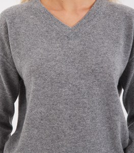 Pull en tricot à col en V pour femme, manches longues, 100% laine, gris uni, style minimaliste, vêtements d'automne - Product Image 3
