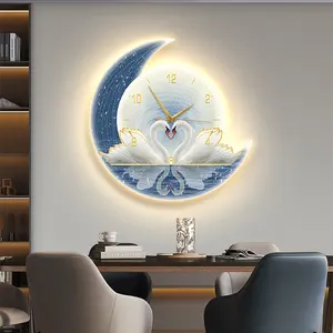 Moderne luxe cygne lueur lumière LED art mural salon peinture décorative avec horloge