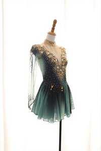 Gradient Green <strong>Ice</strong> <strong>Skating</strong> <strong>Dress</strong> for Women Golden Embroidery Mesh Rhinestone Decorated Elegant Performance Competition Outfit - Product Image 3