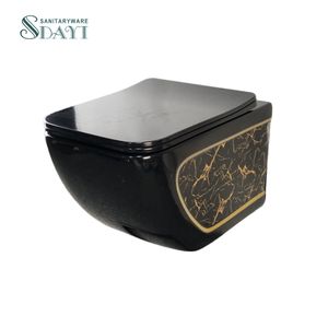 SDAYI baño de lujo sanitario negro con patrón de color dorado doble descarga una pieza porcelana WC colgado en la pared <span class=keywords><strong>Cister</strong></span> inodoro sin montura - Product Image 5