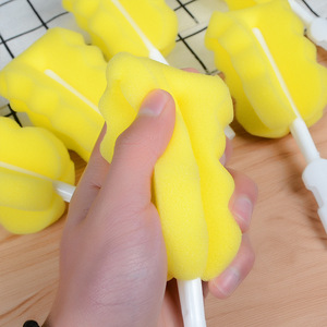 Cepillo de limpieza con 6 cabezales de esponja y mango largo para biberones, tazas de cocina, cabezales de repuesto, amarillo, azul cielo - Product Image 1