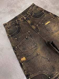 カスタムヘビーウェイトアップリケ刺繍ジョート生エッジショーツワイドレッグボタン乱れジーンズ男性用 - Product Image 3