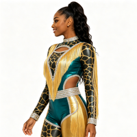 Combinaison de majorette personnalisée à manches longues avec franges en strass, imprimé animal, en spandex métallisé, costume de danse, service OEM