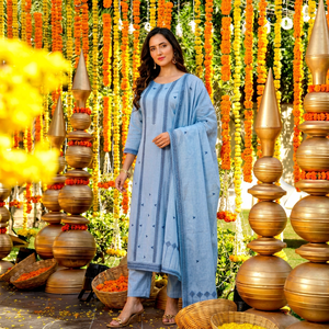Full Sleeves Indian Ethnic Wear Regular Fit Casual Party Wear Set 100% Cotton <b>Women</b> Traditional <b>Kurta</b> Pant Dupatta Set - Product Image 1