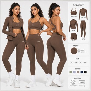 Espresso <strong>Brown</strong> <strong>Women</strong> Yoga Set Sports Bra Jacket Shorts <strong>Leggings</strong> 5 Piece Activewear for Gym Fitness Training - Product Image 1