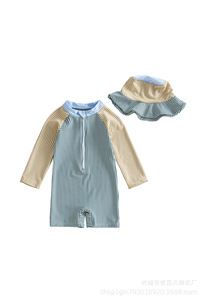 Ensemble <span class=keywords><strong>de</strong></span> maillots <span class=keywords><strong>de</strong></span> <span class=keywords><strong>bain</strong></span> à manches longues pour bébés garçons, à rayures colorées, protection solaire, avec bonnet - Product Image 5