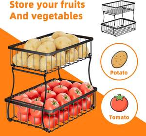 OEM ODM 2-Tier Metal Hierro Encimera Vegetal Pan Snacks Organizador Cesta de frutas con 3 ganchos de plátano - Product Image 3