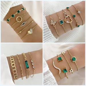 Trendi Set gelang mata berlian imitasi, Set gelang mata berlian batu permata imitasi berlapis emas, Set gelang rantai pola kekasih 5 potong - Product Image 1