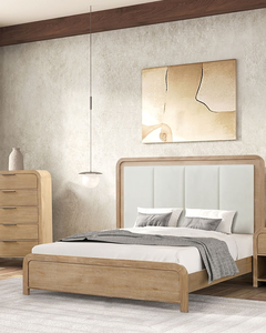 Modern King Size Adjustable Soft <b>Bed</b> with Oak Wood Frame Channel Padded Headboard Plywood Panel Natural Finish - Product Image 3