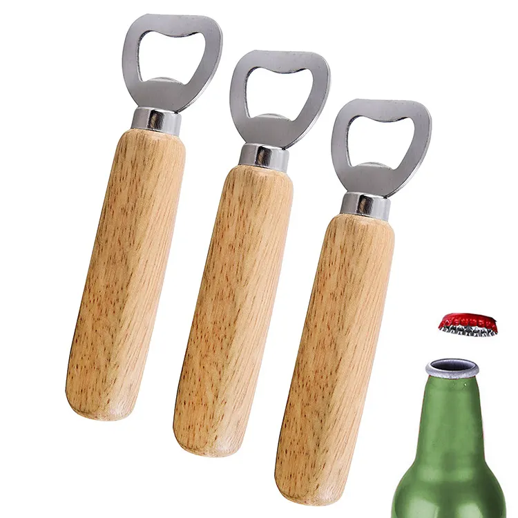 Manico in legno apribottiglie per birra in acciaio inossidabile apribottiglie per birra in legno di gomma liscia strumento per barman per feste in famiglia
