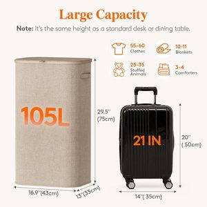 Cesto de <span class=keywords><strong>Ropa</strong></span> <span class=keywords><strong>Sucia</strong></span> Plegable Beige de 105L, Cesto Alto <span class=keywords><strong>para</strong></span> <span class=keywords><strong>Ropa</strong></span> <span class=keywords><strong>Sucia</strong></span>, Ahorra Espacio, <span class=keywords><strong>para</strong></span> Lavandería, Dormitorio, Baño, Residencia Estudiantil - Product Image 4