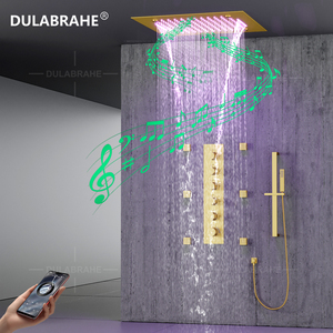 Brushed Gold <strong>20</strong> <strong>Inch</strong> LED Mist <strong>Rain</strong>&amp;Waterfall <strong>Shower</strong> <strong>Head</strong> with Music Speaker Wall Mounted Thermostatic <strong>Shower</strong> Faucet Set - Product Image 2