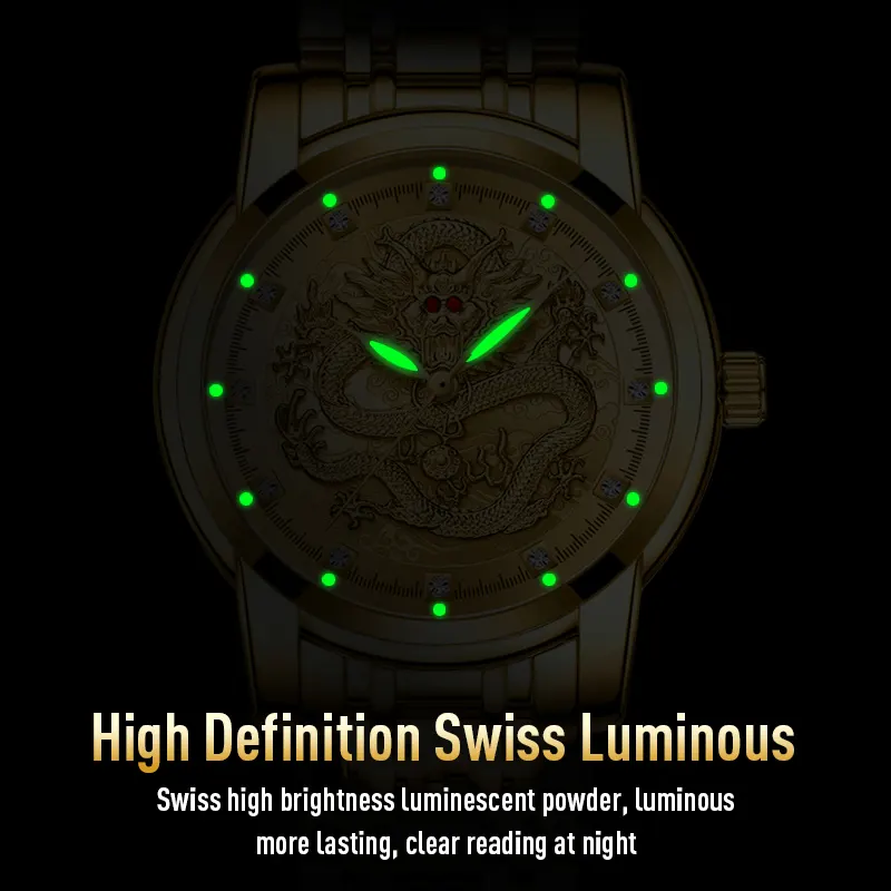 R ONTHEEDGE beliebte OEM vergoldete Drachen-Quartz-Uhren Herren wasserdichte leuchtende Geschäfts-Edelstahl-Armbanduhr für Herren