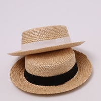 Chapeau de paille à bord plat style britannique en paille de blé avec ruban pour femme, idéal printemps-été, voyage, vacances, protection solaire