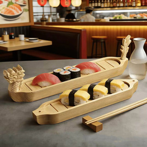 Bandeja Tradicional Japonesa de Madera para Servir <span class=keywords><strong>Sushi</strong></span> y Sashimi - Plato Grande de Madera de Pino con Diseño de Barco Dragón para Restaurantes, Venta al por Mayor - Product Image 1
