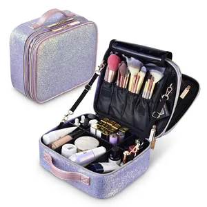 PVC Makeup Bag Cosmetic Bag Organizer Leather Bag with Compartment Travel with Adjustable Dividers PU OEM Fashion Shiny Open