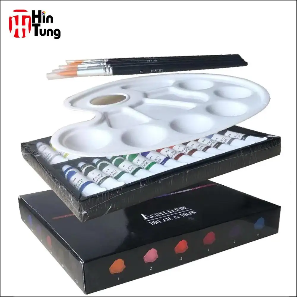 24 pièces 12ml Peinture Acrylique avec 5 brosses et 1 palette en plastique