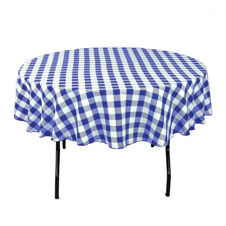 Wasbaar Polyester Stof Wit/Blauw Geblokte Stijl Waterdicht Indoor Huishouden Milieuvriendelijk 90 "Rond Tafelkleed