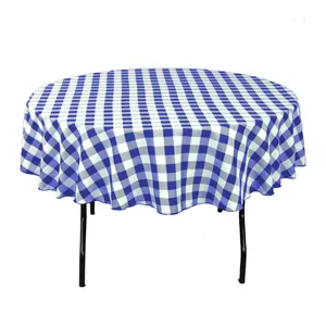 Washable polyester fabric white/blue checkered style waterproof indoor household eco-friendly 90" round table cloth