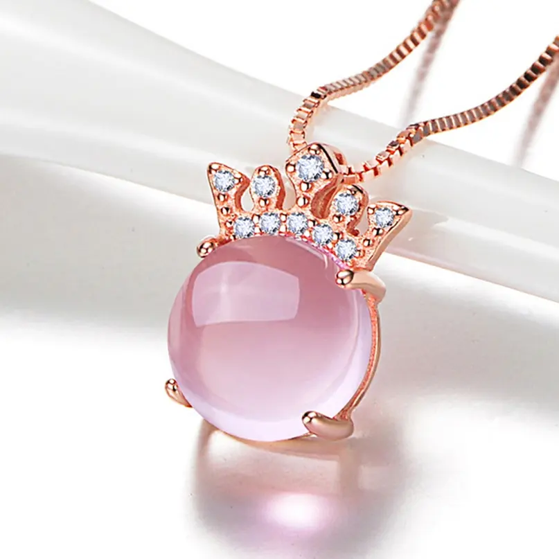 Women Charm Princess Rose Gold Crown Pink Crystal Necklace