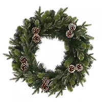 Couronne de Noël artificielle pré-éclairée de 60 cm avec pointes enneigées et pommes de pin pour décoration de porte d'entrée des fêtes - Vente en gros