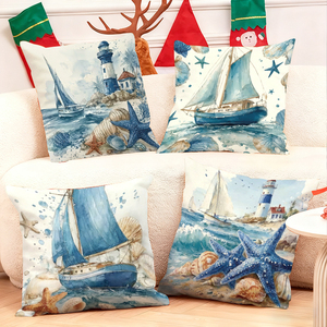 Kıyı ev dekorasyonu için yelkenli tekneler, deniz fenerleri ve deniz yıldızları içeren deniz temalı kırlentler - Product Image 1