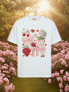 T-Shirt Lolita blanc à imprimé fraises pour femmes, manches courtes, col rond, Style bohème, tenue décontractée pour la saint-valentin, tenue de printemps - Product Image 2