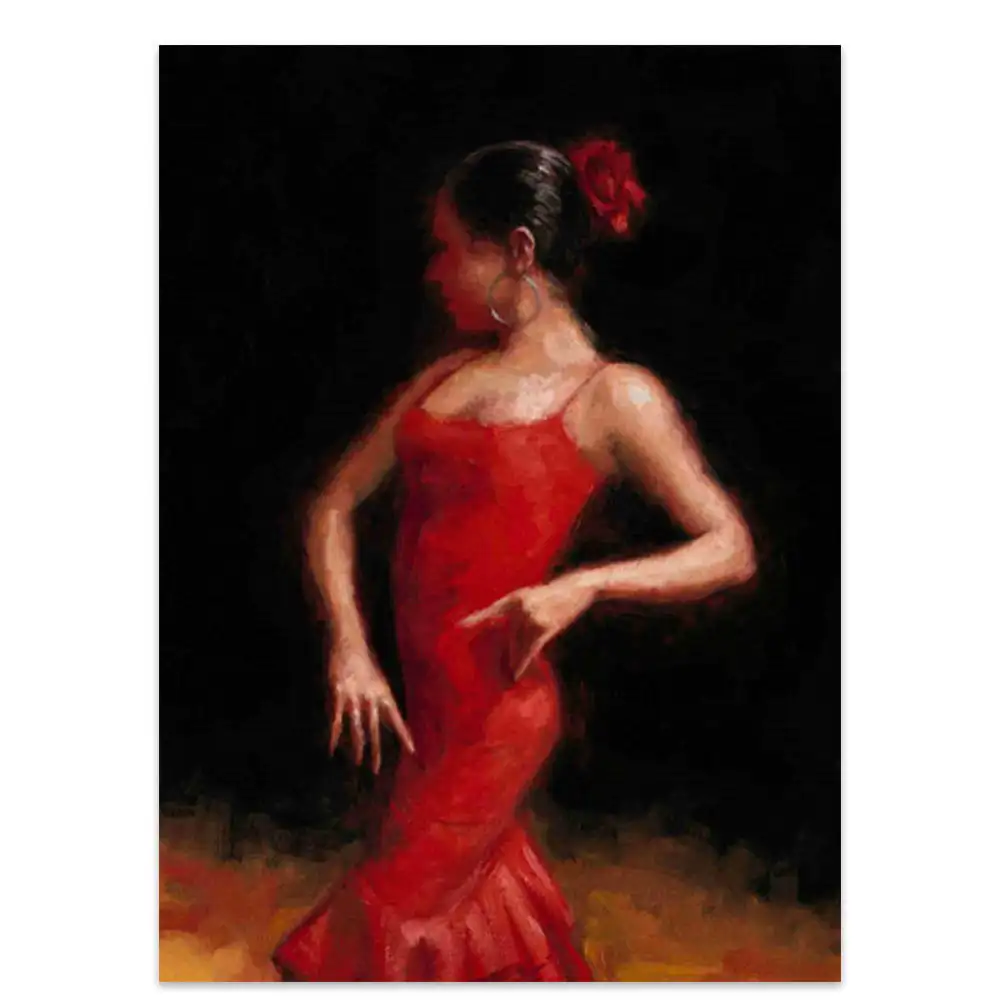 Caliente español flamenco bailarina lienzo pintura dama en vestido rojo pintura al óleo