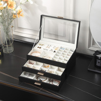 Caja de Almacenamiento de Joyas Rectangular de Gran Capacidad, Estilo Europeo de Alta Gama, Material PU+Plástico, Impresión de Logotipo Personalizado, con Ventana
