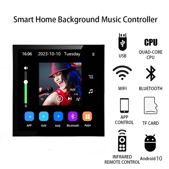 Smart Home Background Music Controller Wall Mounted Android10 Audio Panel WiFi BLE TF USB APP Infrared Remote Control Whole