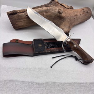 Couteau tactique de chasse à lame fixe pleine soie personnalisable avec trous pour corde de suspension et étui en cuir. Support OEM disponible - Product Image 2