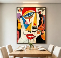 Peinture à l'huile cubiste figurative sur toile, peinte à la main, à l'impasto, visages géométriques, multicolore vibrante, art abstrait rétro texturé