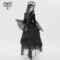 CT277 Manteau long victorien gothique pour femme en velours noir avec manches cloche en dentelle et décorations à pompons, style steampunk, tenue de cosplay