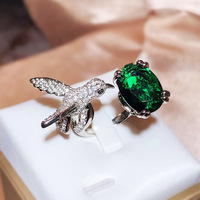 Bijoux à la mode KYRA01835 forme de colibri forme d'oiseau bague en Zircon ovale vert Design pour femmes