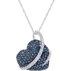 Jewelspaark Heart Pendant Necklace 1.60 Cttw Brilliant Cut Blue White Diamond 925 Sterling Silver Rhodium Plated <b>Rope</b> <b>Chain</b> - Product Image 1