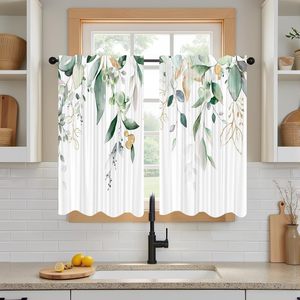 Rideaux courts pour cuisine, motif botanique eucalyptus vert sauge et or, style aquarelle, pour café, 2 panneaux - Product Image 3